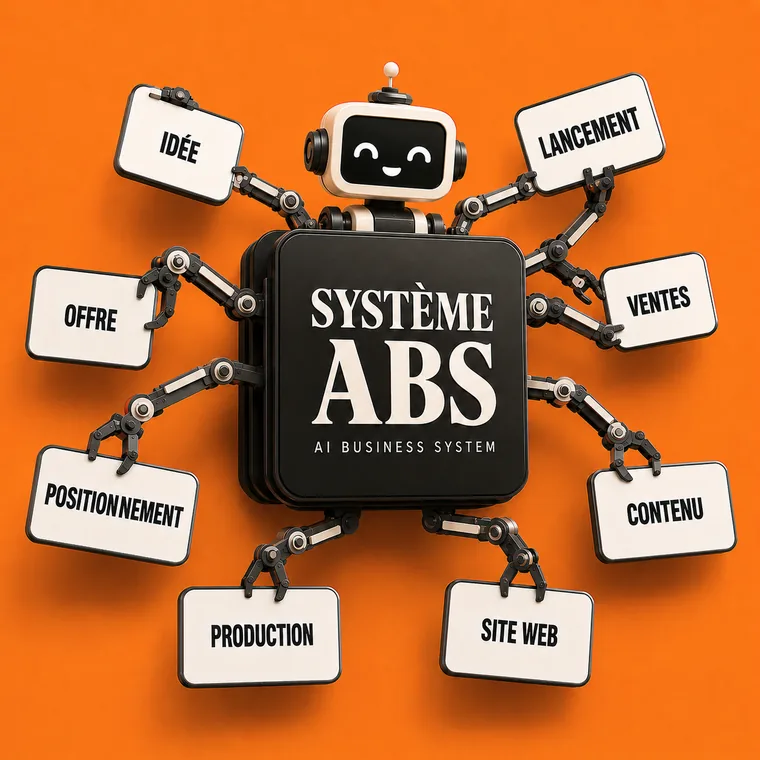 Le SYSTÈME ABS : une mallette entourée de bras robotisés qui tiennent chacun une étape — idée, offre, positionnement, site web, production, contenu, ventes, lancement.